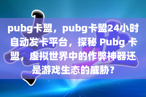 pubg卡盟，pubg卡盟24小时自动发卡平台，探秘 Pubg 卡盟，虚拟世界中的作弊神器还是游戏生态的威胁？